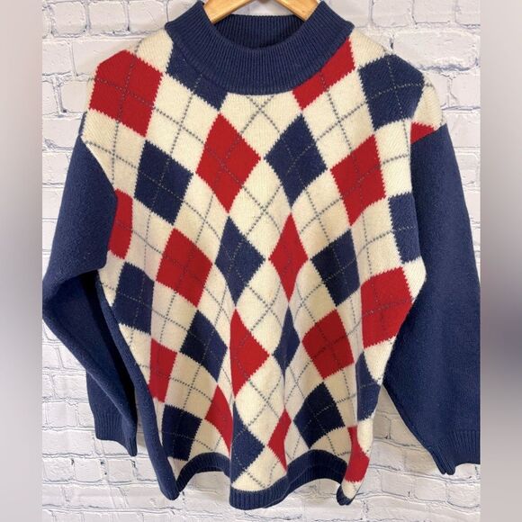 Sweaters - Elisabeth Liz Claiborne Navy Red Preppy Classic Argyle Lambswool Sweater 2X